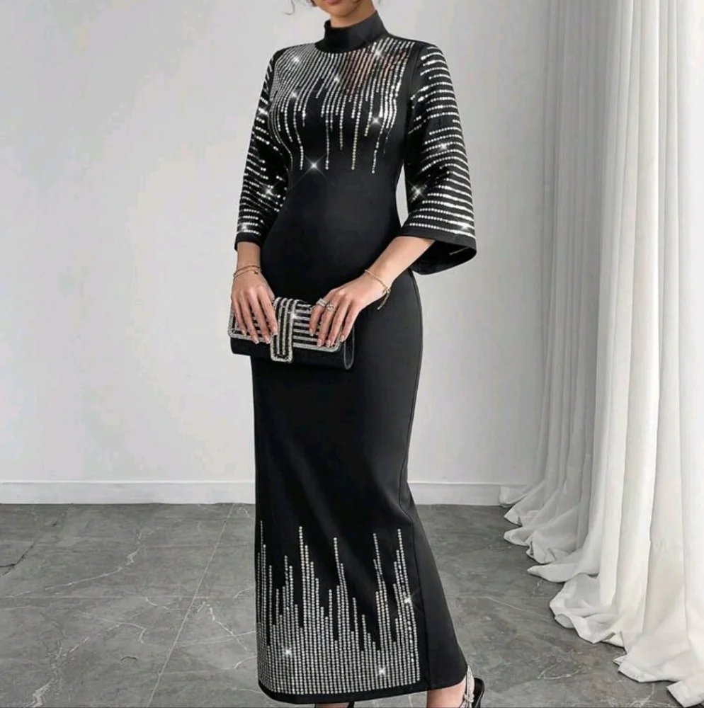 Elegant & Sexy Beaded Black Long Sleeve Dress For Women - Picture 4 of 4